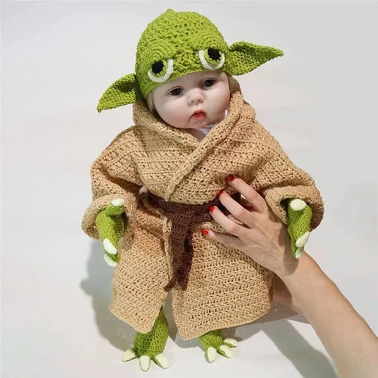 Adorable baby Yoda crochet costume set with robe, hat, and hand booties for infants