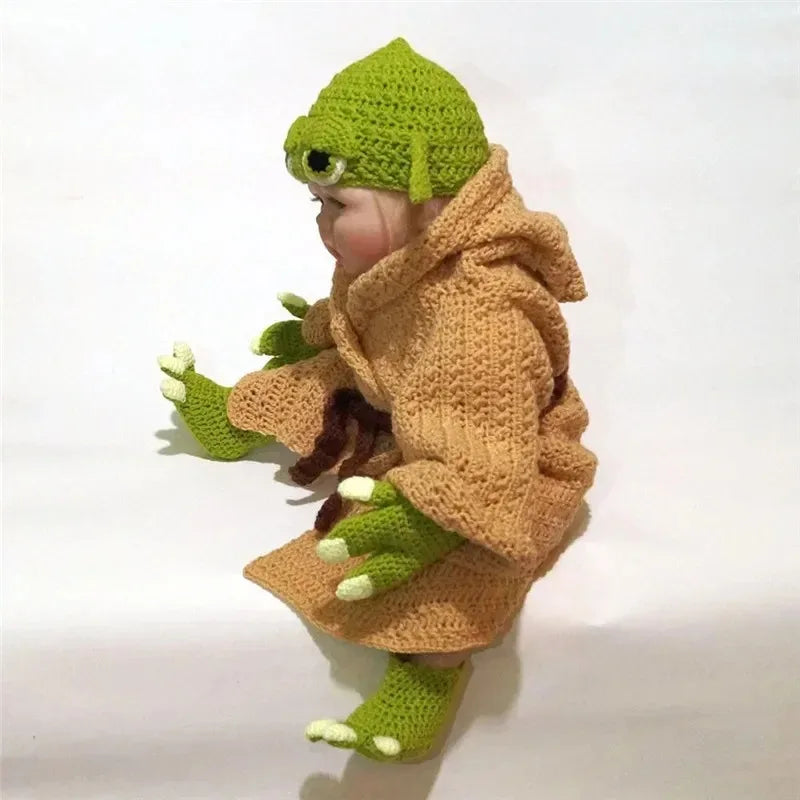 Adorable baby Yoda crochet costume set featuring a green hat, robe, and fingerless gloves