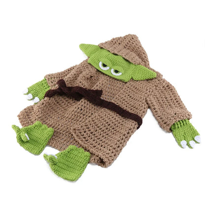 Baby Yoda crochet costume set with ear hat, robe, and green hands for adorable dress-up fun