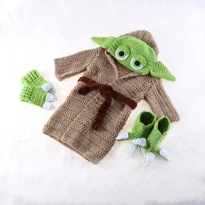 Baby Yoda crochet costume set featuring a robe, hat, mittens, and booties for adorable playtime