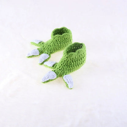 Handmade baby yoda crochet costume set booties in green with white accents for infants