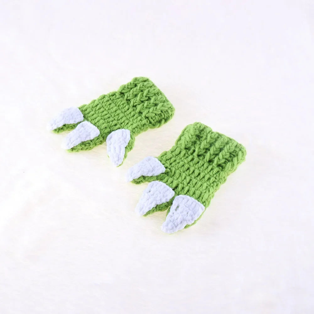 Baby Yoda crochet costume set featuring green claw mitts with white tips for playful outfits