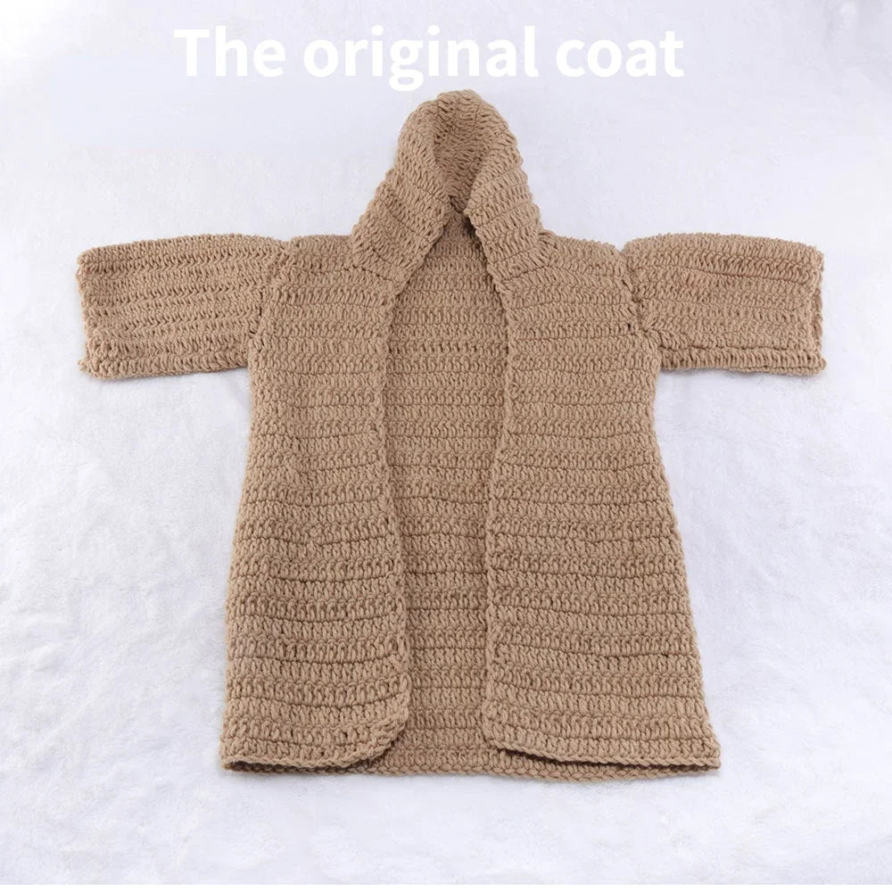Baby Yoda crochet costume set featuring a cozy brown cloak with a hood for playful dress-up