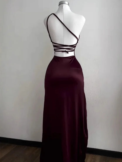 EtherealBe backless evening sling dress in deep burgundy with stylish crisscross back design