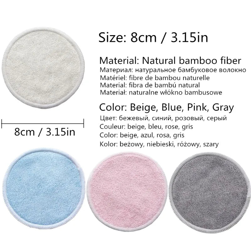 Set of bamboo makeup remover pads reusable in beige, blue, pink, and gray, measuring 8cm each