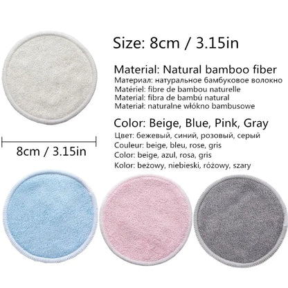 Set of bamboo makeup remover pads reusable in beige, blue, pink, and gray, measuring 8cm each