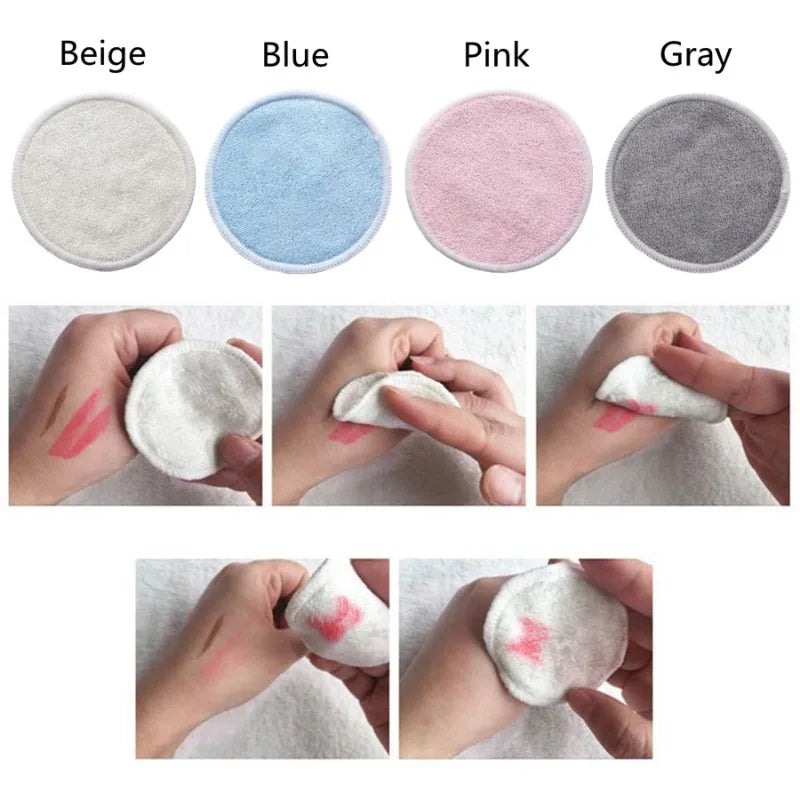EtherealBe bamboo makeup remover pads reusable in beige, blue, pink, and gray colors demonstrating usage