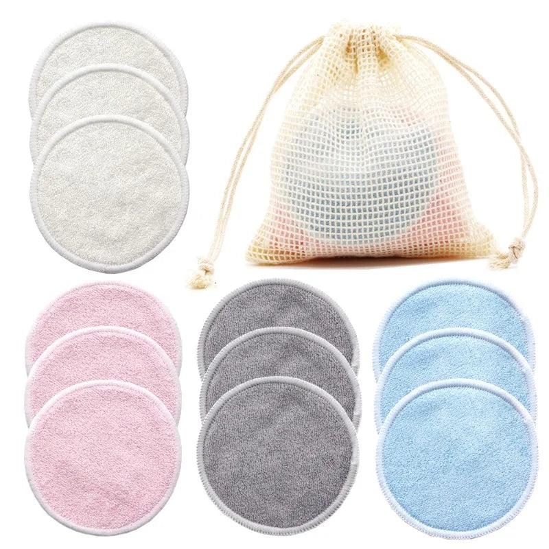 EtherealBe bamboo makeup remover pads reusable in assorted colors with a mesh storage bag