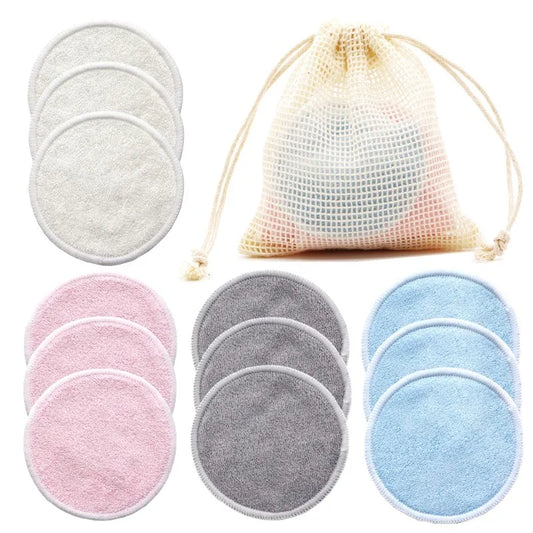 EtherealBe bamboo makeup remover pads reusable in assorted colors with a mesh storage bag
