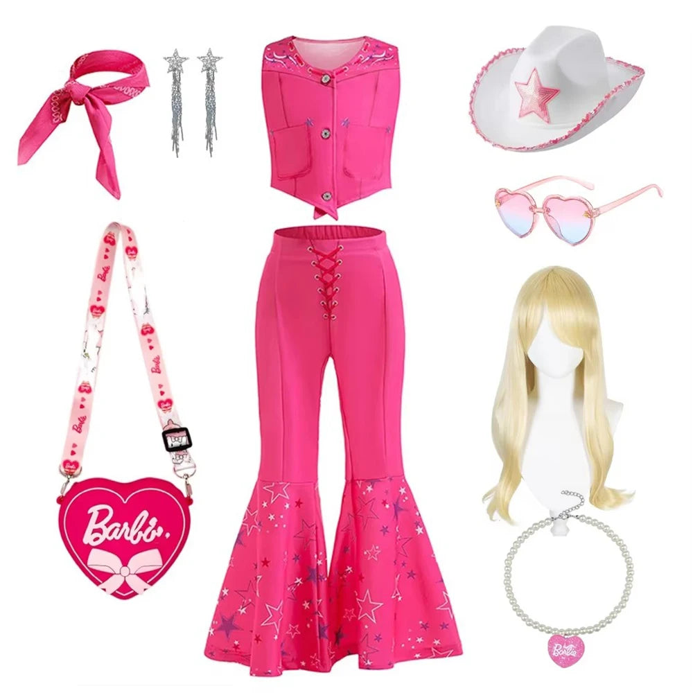 pink cowgirl cosplay set for kids with vest flared bell bottom pants white star hat heart bag wig and accessories