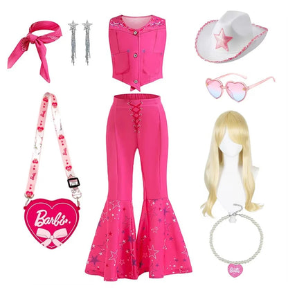 pink cowgirl cosplay set for kids with vest flared bell bottom pants white star hat heart bag wig and accessories