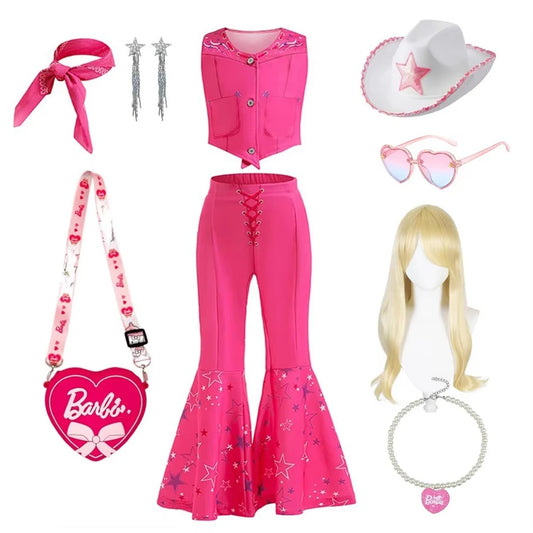 pink cowgirl cosplay set for kids with vest flared bell bottom pants white star hat heart bag wig and accessories