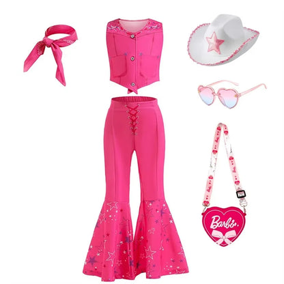 EtherealBe pink cowgirl cosplay set for kids with vest flared star bellbottom pants cowboy hat bandana heart purse