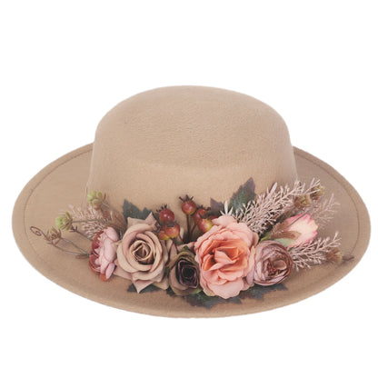 EtherealBe Basin flower fedora hat featuring a decorative arrangement of faux flowers and greenery