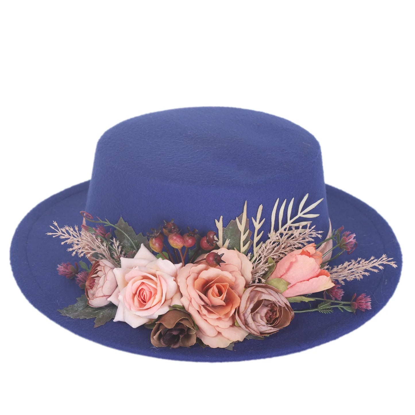 Basin flower fedora hat in blue adorned with artificial flowers and greenery for stylish outdoor looks
