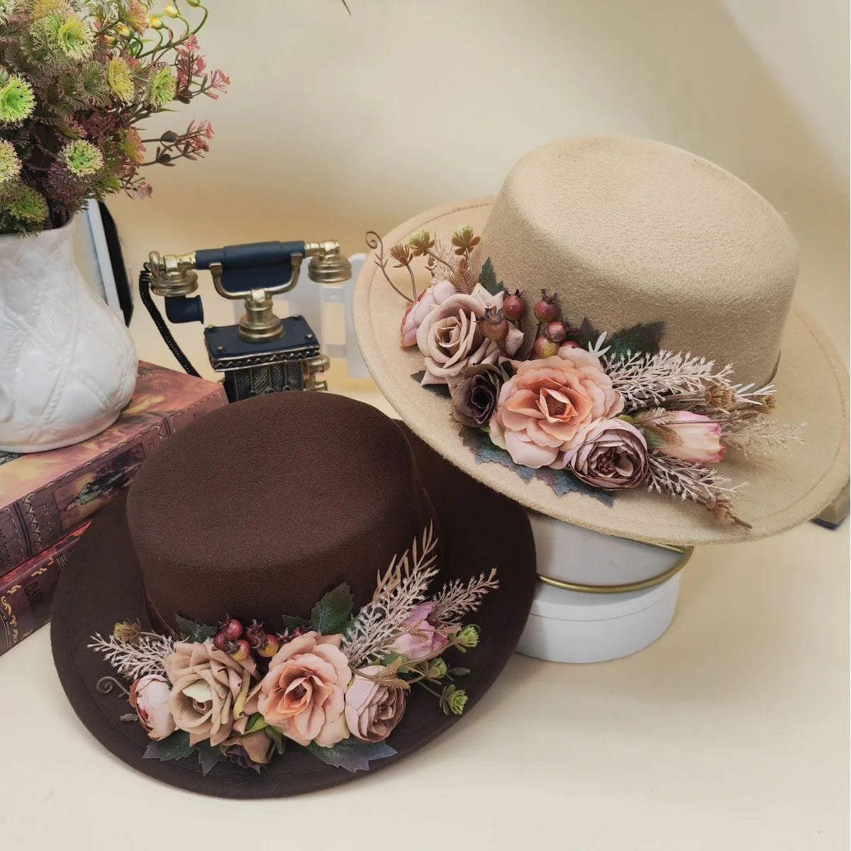 EtherealBe Basin flower fedora hat in beige and brown with decorative floral accents