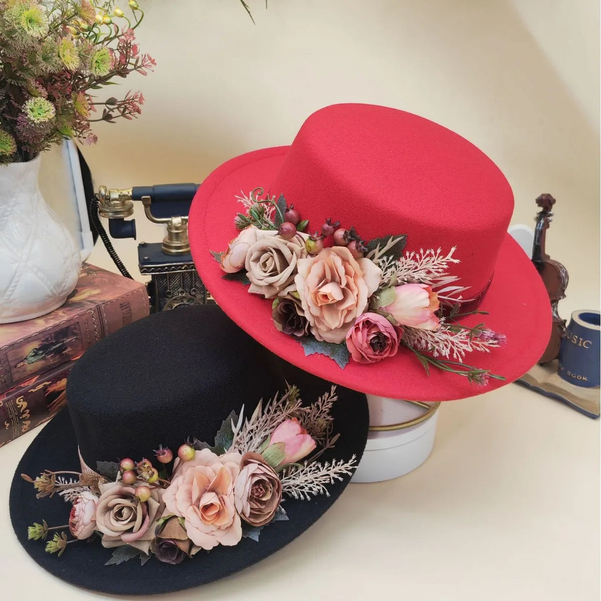 EtherealBe Basin flower fedora hat in red and black adorned with colorful floral accents