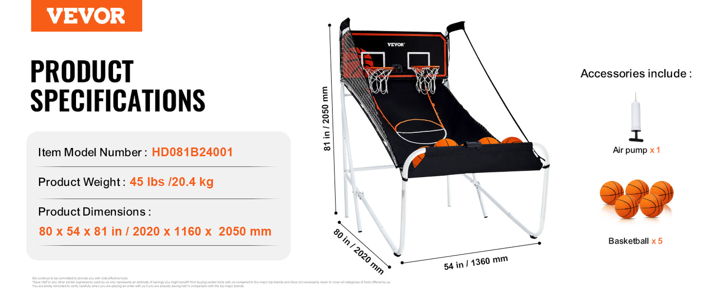 VEVOR Foldable Basketball Arcade Game 2 Player Indoor Basketball Game Home Dual Shot Sport w/ 4 Balls 8 Game Modes for Kid Adult