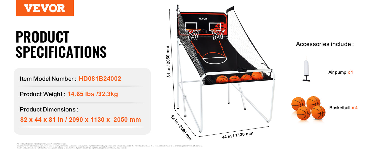 VEVOR Foldable Basketball Arcade Game 2 Player Indoor Basketball Game Home Dual Shot Sport w/ 4 Balls 8 Game Modes for Kid Adult