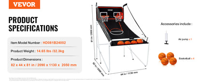 VEVOR Foldable Basketball Arcade Game 2 Player Indoor Basketball Game Home Dual Shot Sport w/ 4 Balls 8 Game Modes for Kid Adult