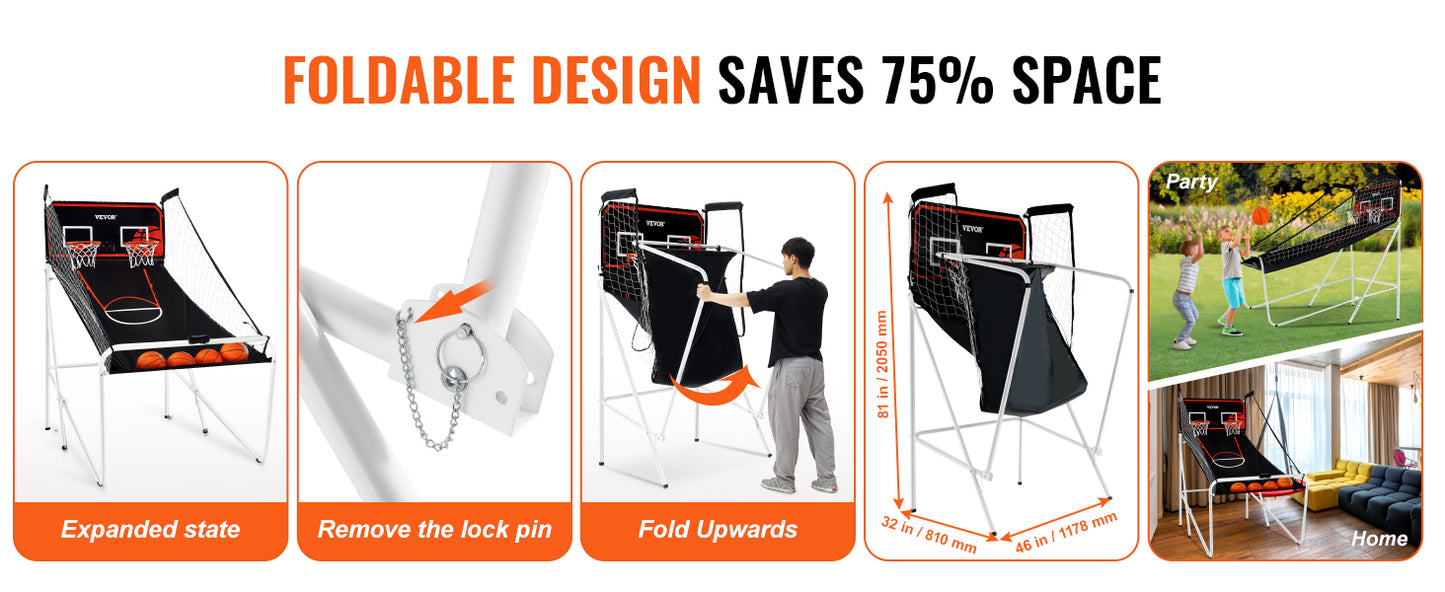 VEVOR Foldable Basketball Arcade Game 2 Player Indoor Basketball Game Home Dual Shot Sport w/ 4 Balls 8 Game Modes for Kid Adult