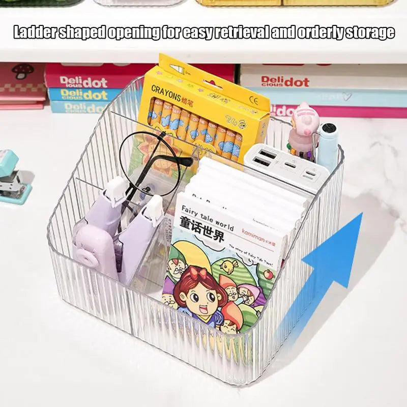 Clear plastic bathroom vanity organizer for cosmetics with ladder shaped opening for easy retrieval
