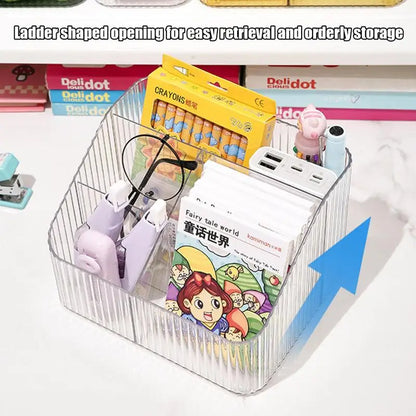 Clear plastic bathroom vanity organizer for cosmetics with ladder shaped opening for easy retrieval