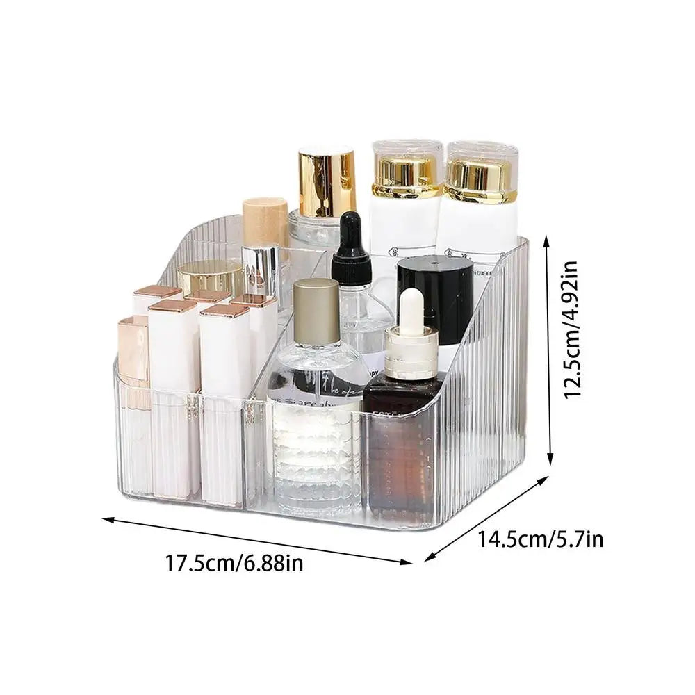 Clear acrylic bathroom vanity organizer for cosmetics with multiple compartments for bottles and jars