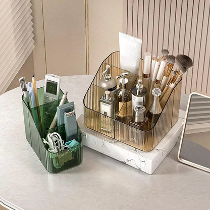EtherealBe bathroom vanity organizer for cosmetics in green and amber, perfect for makeup storage and organization