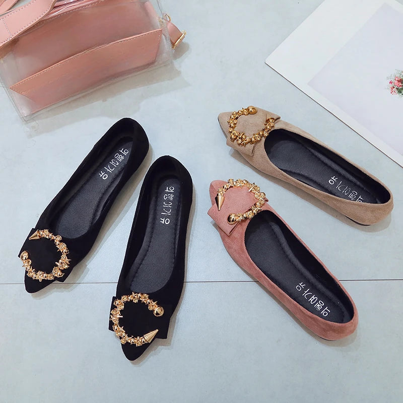 EtherealBe comfortable non-slip pointed toe flats in black and pink with decorative embellishments
