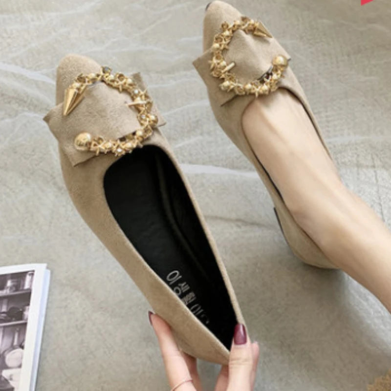 EtherealBe comfortable non-slip pointed toe flats in beige with decorative accents for stylish everyday wear