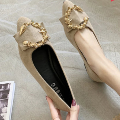 EtherealBe comfortable non-slip pointed toe flats in beige with decorative accents for stylish everyday wear