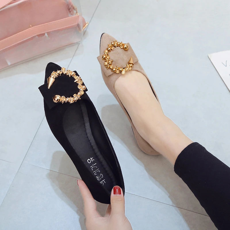 EtherealBe comfortable non-slip pointed toe flats in black and beige with decorative accents