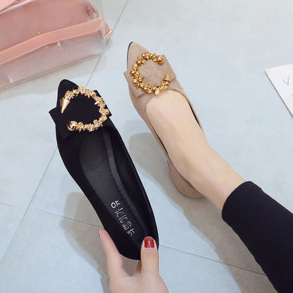 EtherealBe comfortable non-slip pointed toe flats in black and beige with decorative accents