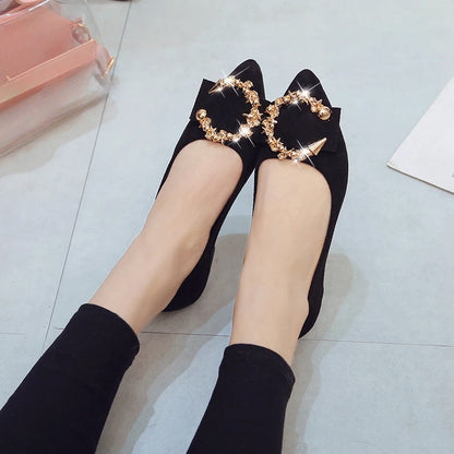 Stylish black comfortable non-slip pointed toe flats adorned with decorative embellishments