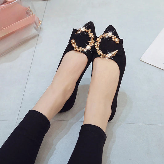 Stylish black comfortable non-slip pointed toe flats adorned with decorative embellishments