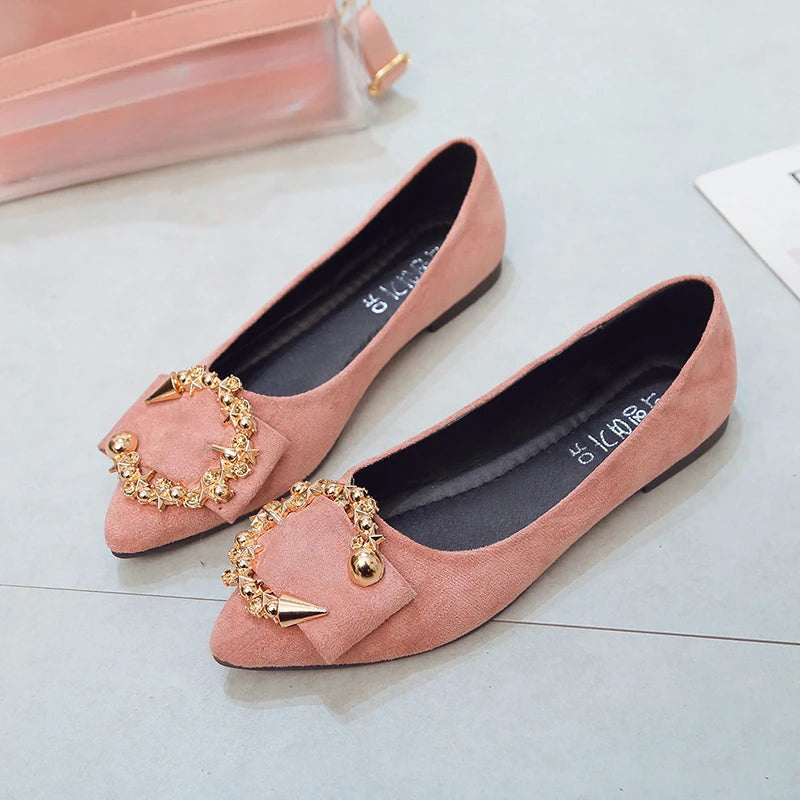 EtherealBe comfortable non-slip pointed toe flats in pink suede with decorative gold accents