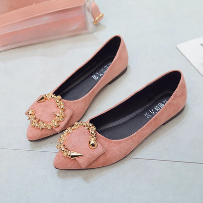 EtherealBe comfortable non-slip pointed toe flats in pink suede with decorative gold accents