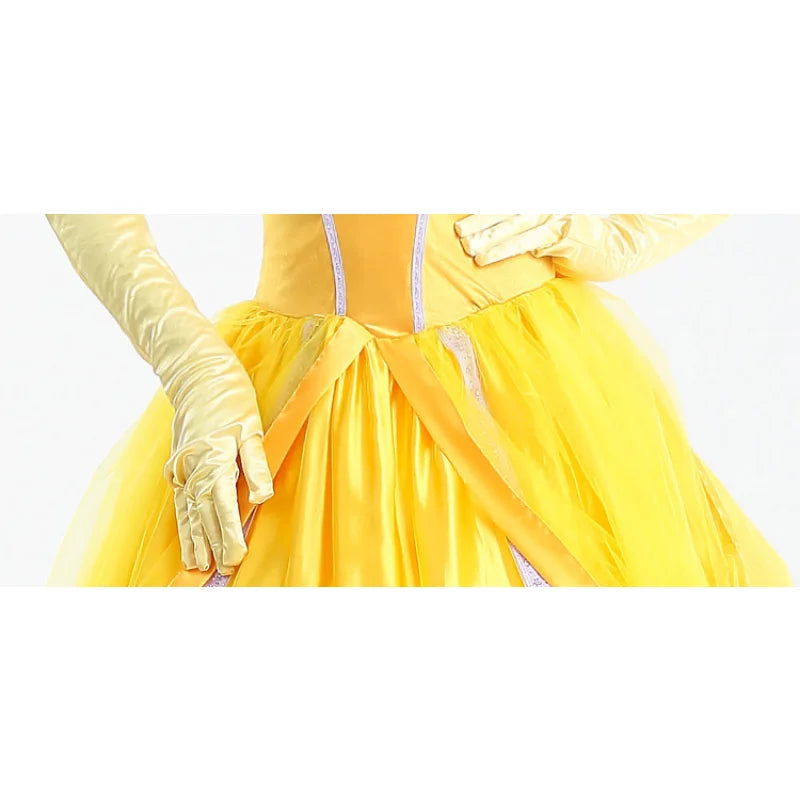 EtherealBe Beauty and the Beast cosplay costume featuring a yellow ball gown with elegant detailing