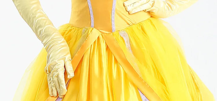 EtherealBe Beauty and the Beast cosplay costume featuring a vibrant yellow dress and elegant gloves