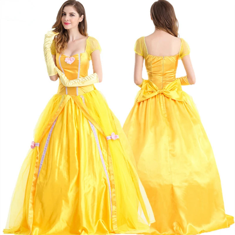 EtherealBe Beauty and the Beast cosplay costume featuring a yellow gown with elegant details and bow