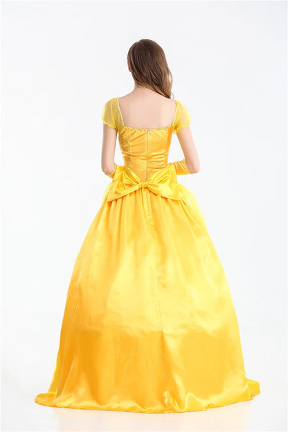 Back view of an elegant yellow Beauty and the Beast cosplay costume with a large bow and flowing skirt