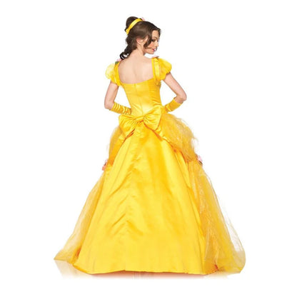 EtherealBe Beauty and the Beast cosplay costume featuring a yellow ball gown with a bow and elegant tulle detailing