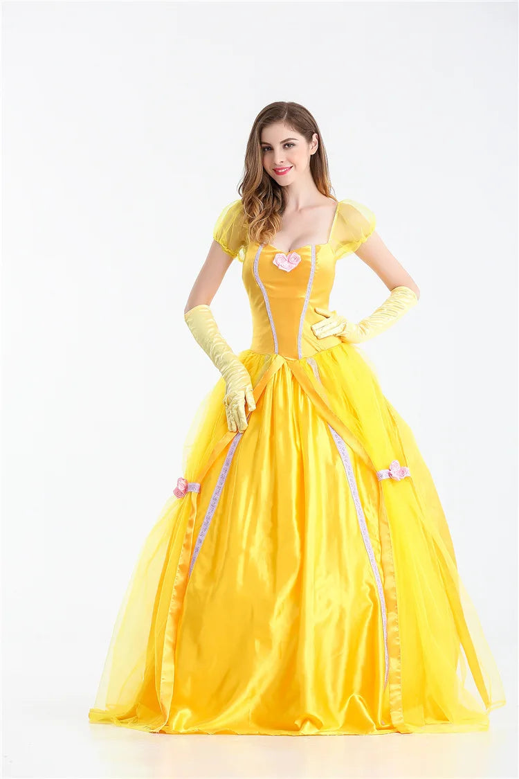 EtherealBe Beauty and the Beast cosplay costume featuring a yellow gown with puff sleeves and gloves