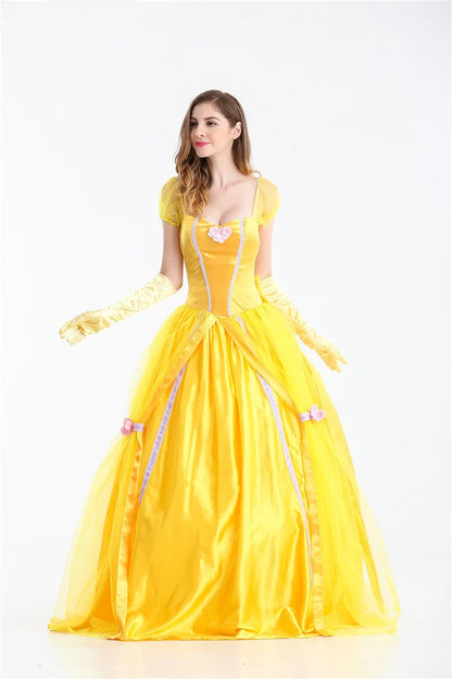 EtherealBe Beauty and the Beast cosplay costume featuring a yellow ball gown and elegant gloves