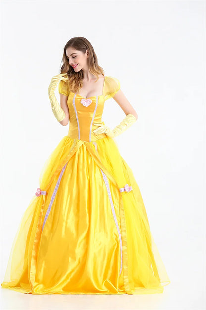 EtherealBe Beauty and the Beast cosplay costume featuring a yellow ball gown with puff sleeves and accessories
