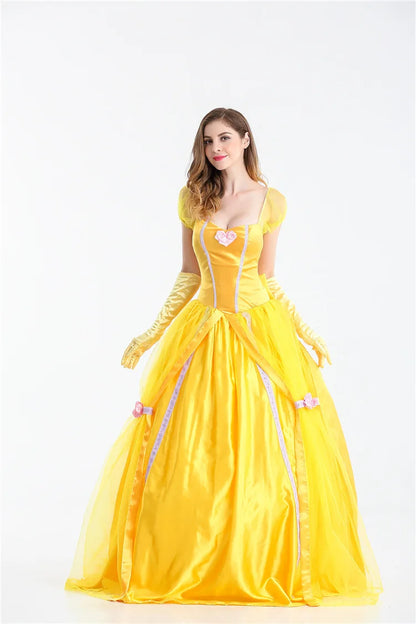 EtherealBe Beauty and the Beast cosplay costume featuring a yellow gown with elegant gloves