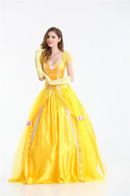 EtherealBe Beauty and the Beast cosplay costume with a vibrant yellow gown and elegant gloves