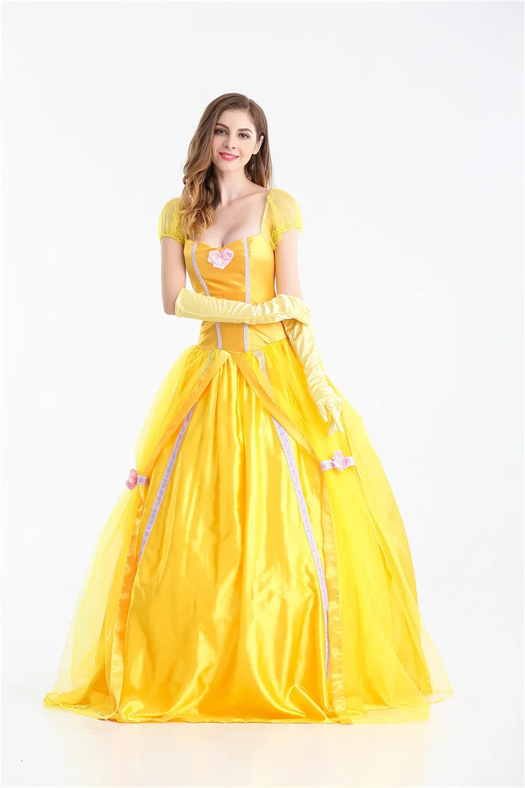 EtherealBe Beauty and the Beast cosplay costume featuring a beautiful yellow ball gown with puff sleeves