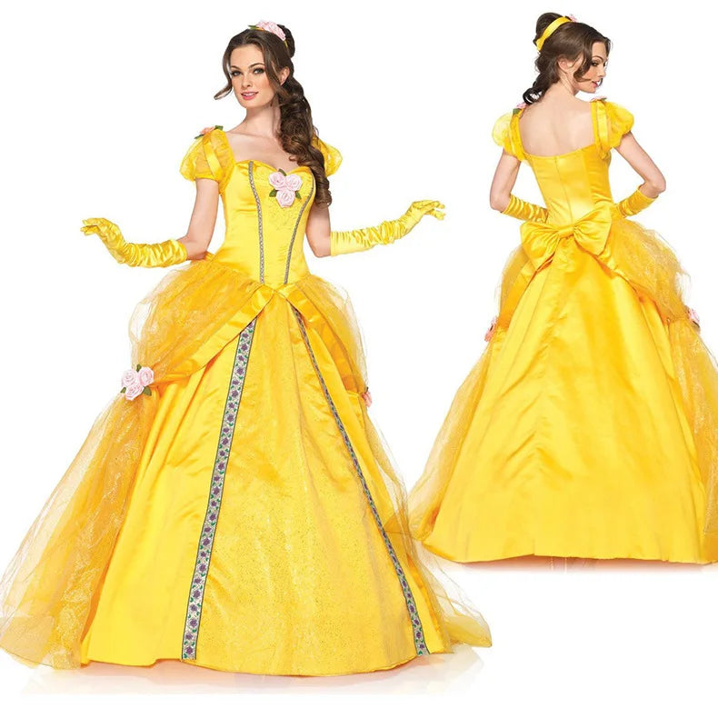 EtherealBe Beauty and the Beast cosplay costume featuring a stunning yellow ball gown with floral details
